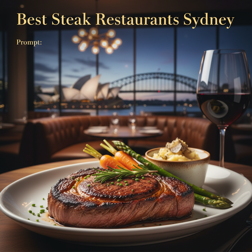 Juicy steak with gourmet sides and wine in an upscale Sydney restaurant, Opera House in background.