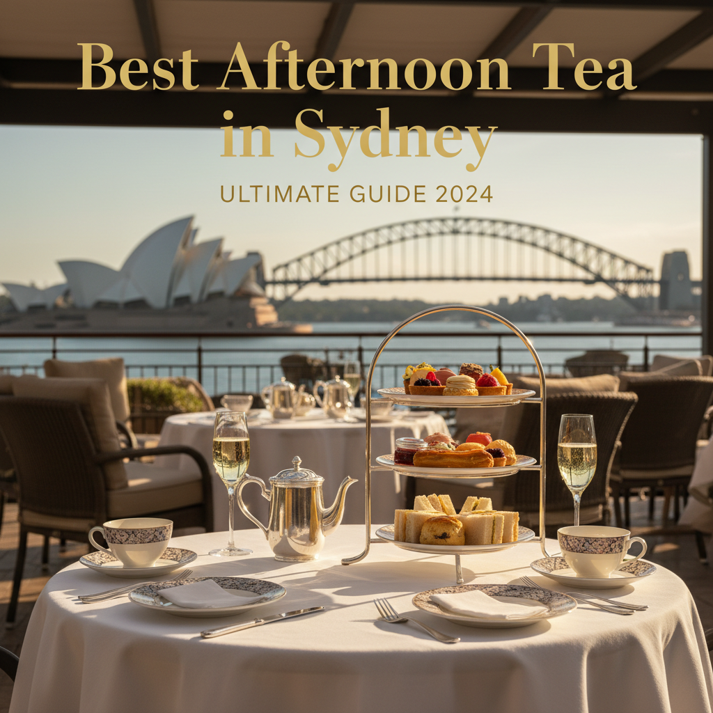 Elegant afternoon tea on a terrace with Sydney icons, fine china, pastries, and champagne.