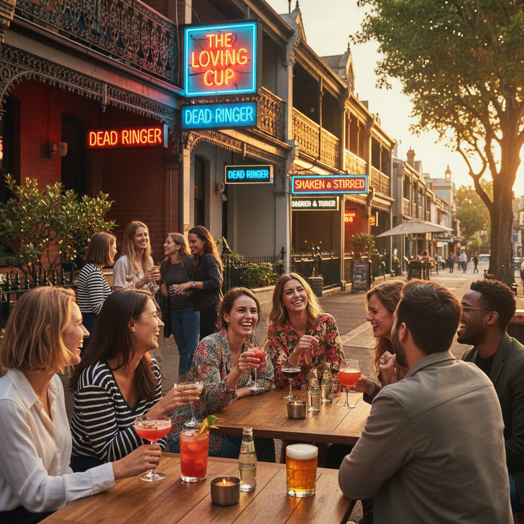 Lively Surry Hills street at sunset with friends, neon bar signs, cocktails, and terrace houses.