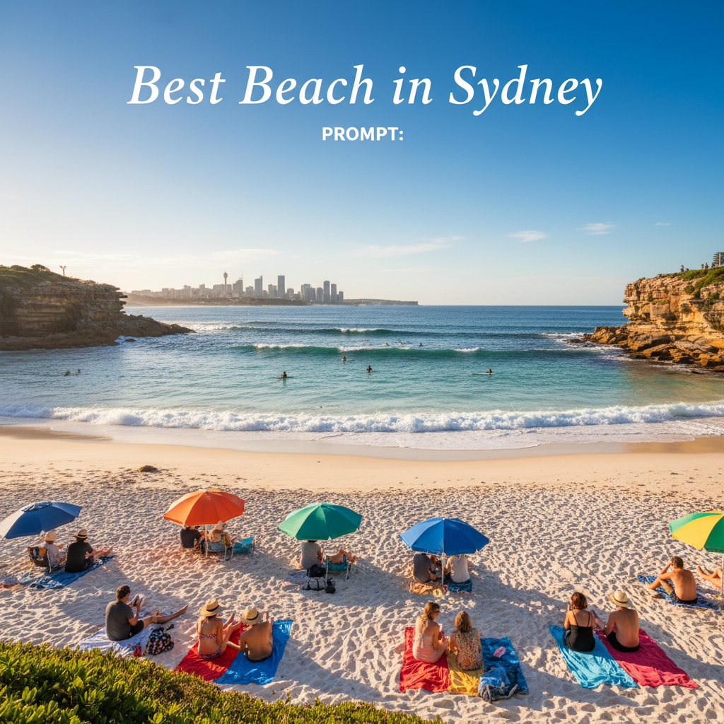 alt_text: Sydney’s top beach at golden hour with surfers, sand, city skyline, and vibrant beachgoers relaxing.