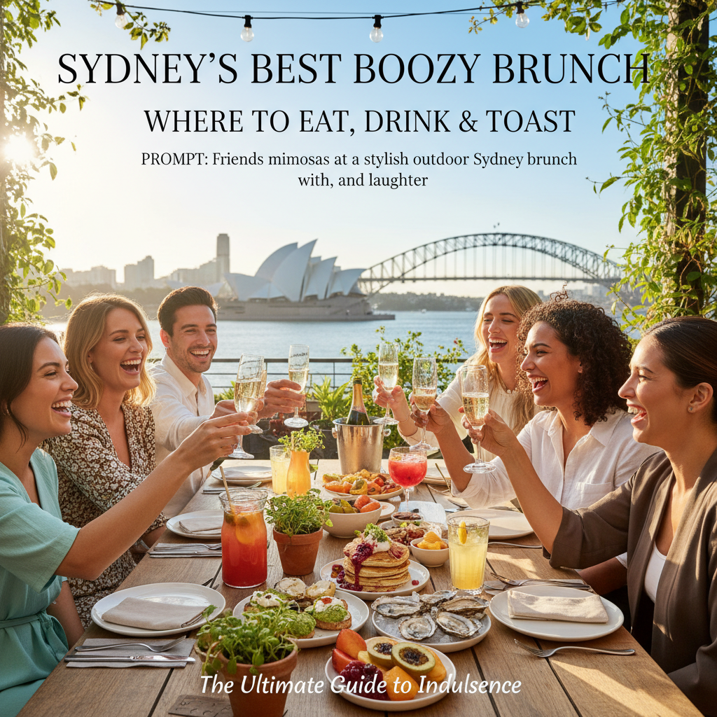 Friends toast mimosas at a stylish outdoor Sydney brunch with skyline views, food, and laughter.