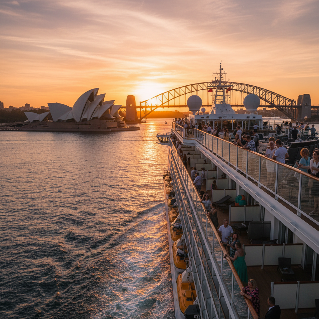 A cruise ship leaves Sydney Harbour at sunset with Opera House and Harbour Bridge in the background.