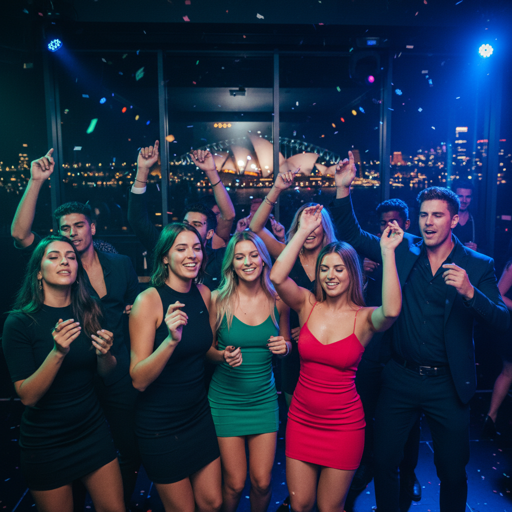 Diverse young adults dancing in a chic Sydney club with city skyline and Opera House in the background.