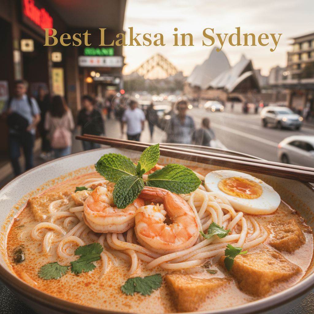 Steaming bowl of laksa, fresh toppings, Sydney skyline, and 'Best Laksa in Sydney' text overlay.
