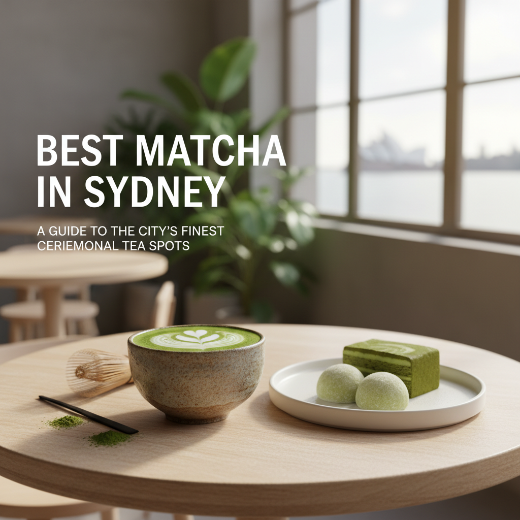 alt_text Vibrant matcha latte and desserts in a chic Sydney café with city skyline visible through the window.