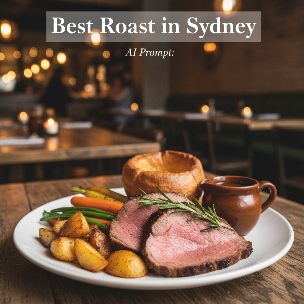 Best Roast in Sydney: Succulent roast dinner plated in a cozy, upscale Sydney bistro setting.