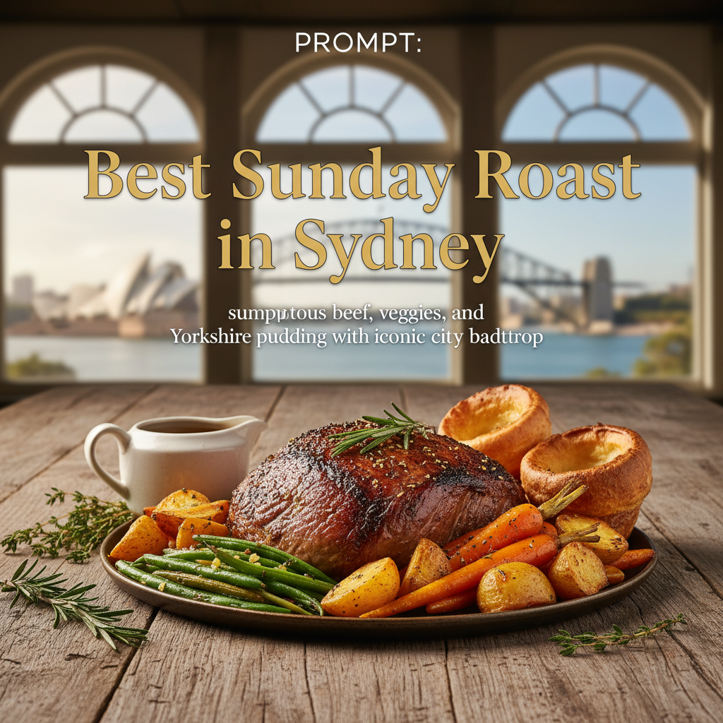 Best Sunday Roast in Sydney: sumptuous beef, veggies, and Yorkshire pudding with iconic city backdrop.