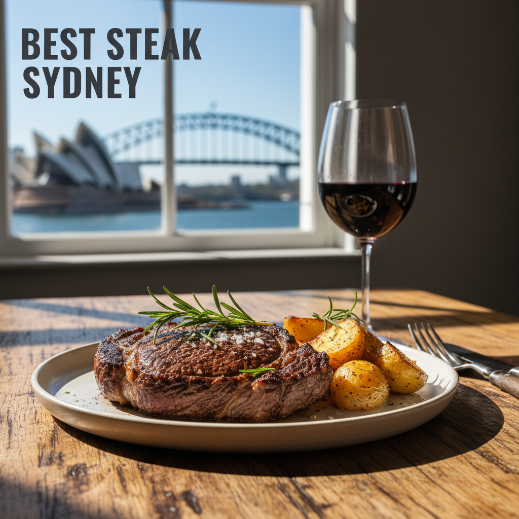 alt_text Juicy steak with potatoes, wine, and Sydney landmarks in background. "Best Steak Sydney" in bold.
