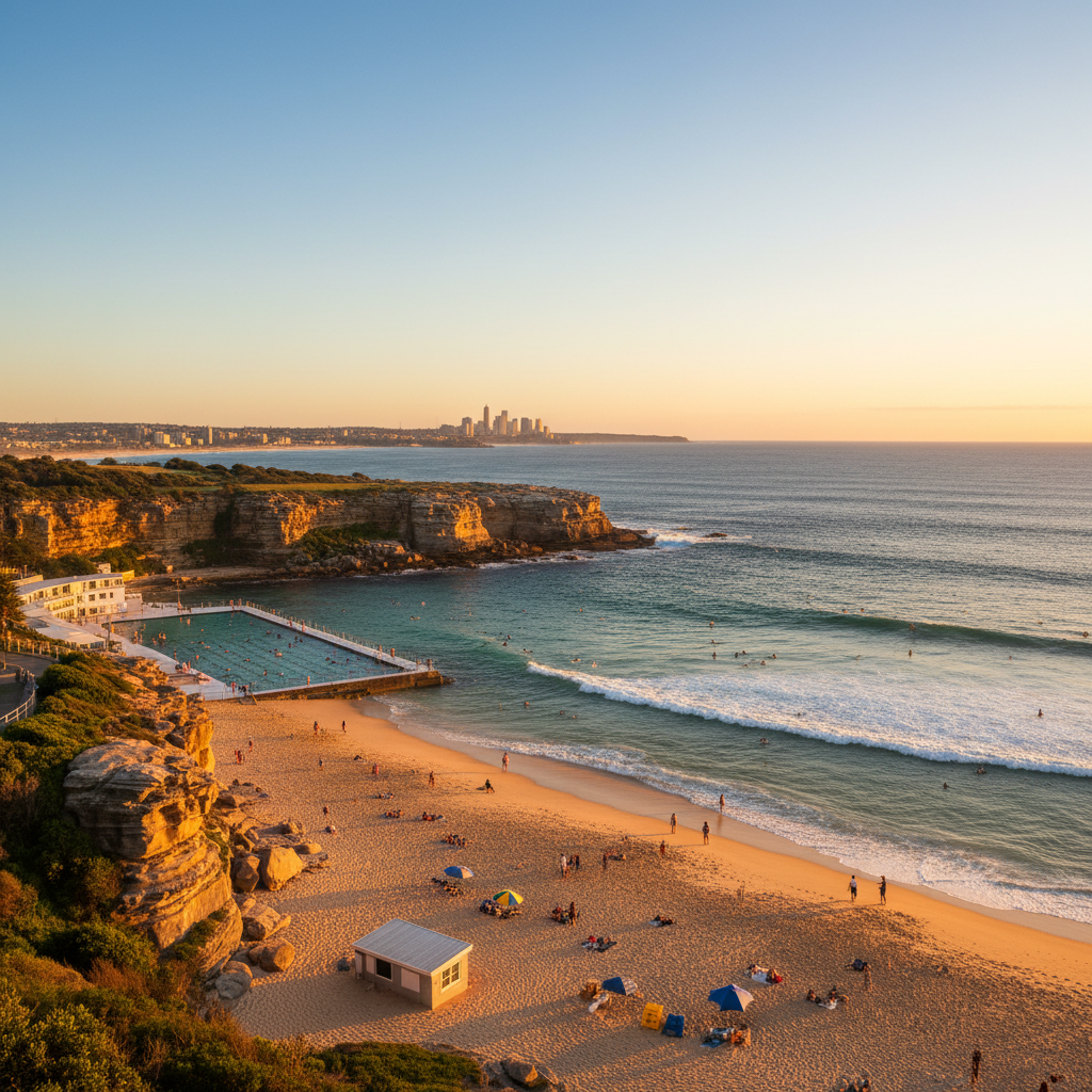 alt_text Panoramic golden hour view of Bondi Beach with surfers, sunbathers, cliffs, pool, and Sydney skyline.