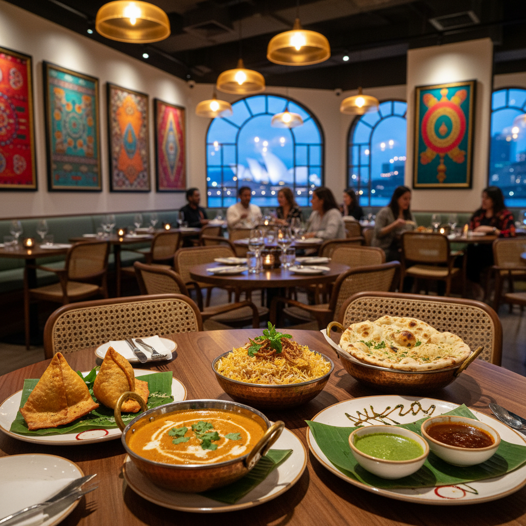 A stylish Indian restaurant in Sydney with vibrant décor and signature dishes on a warmly lit table.