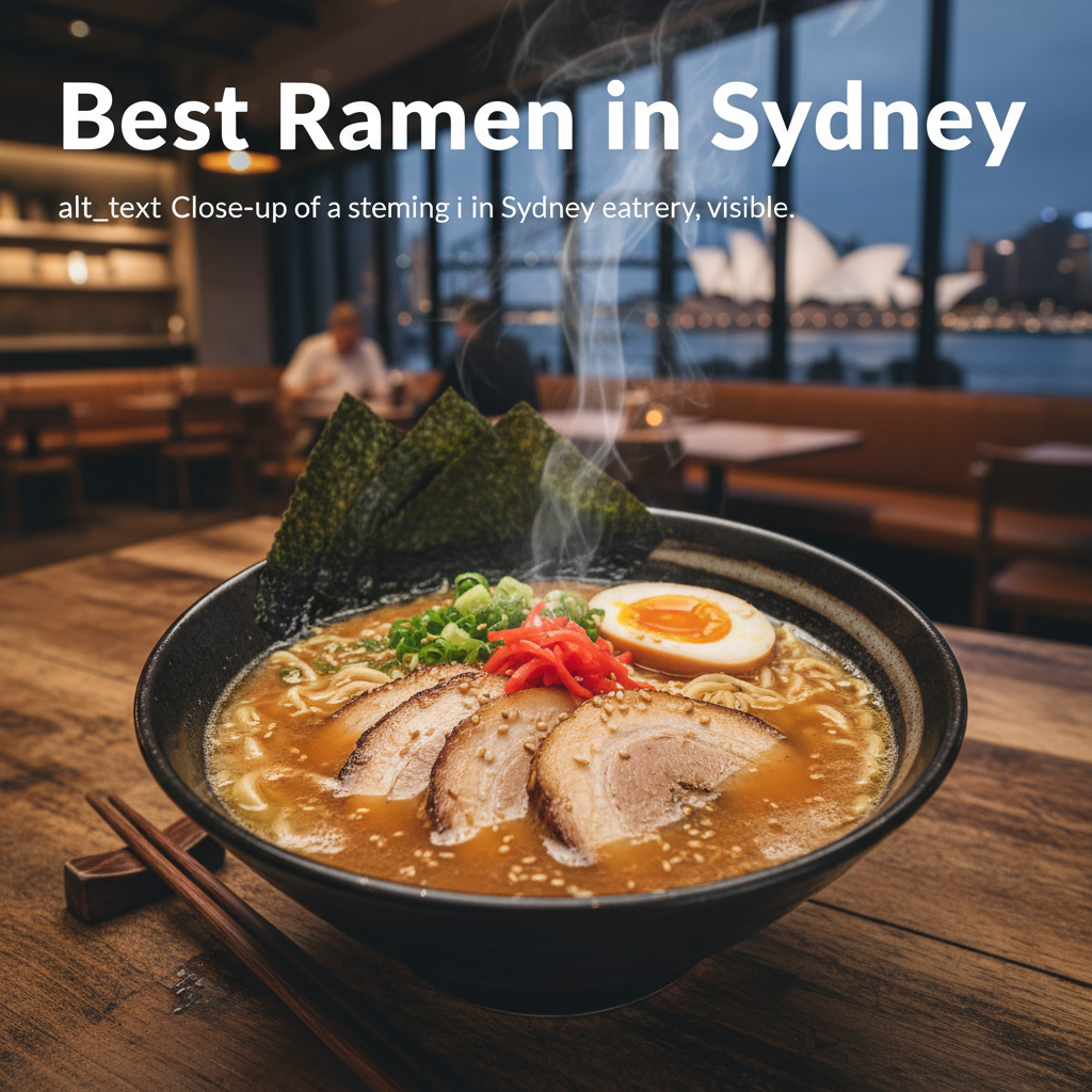 alt_text Close-up of a steaming ramen bowl in a Sydney eatery, city icons visible through the window.
