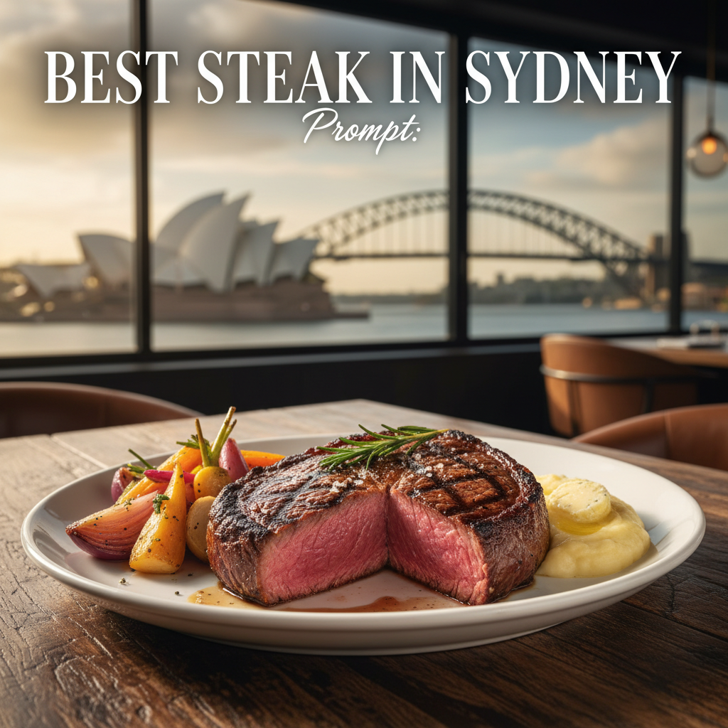 alt_text: Juicy steak with gourmet sides by Sydney icons, blending fine dining with stunning Aussie views.