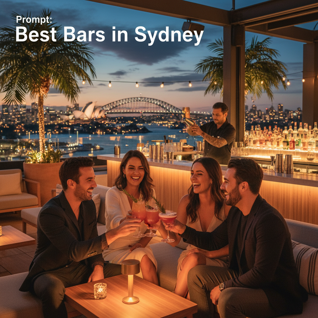 Vibrant rooftop bar in Sydney with friends, cocktails, city lights, Opera House, and Harbour Bridge.