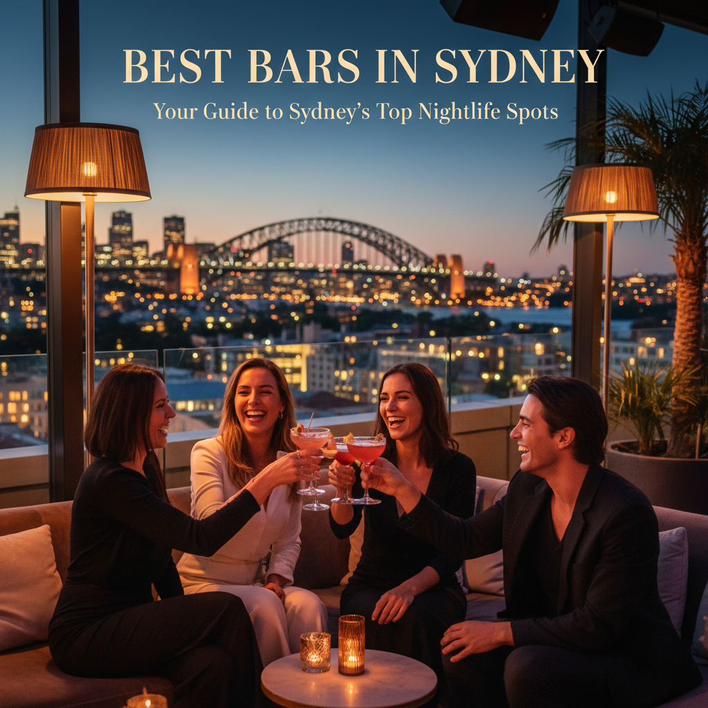 Chic rooftop bar scene with cocktails, lively crowd, and Sydney icons glowing in the night skyline.