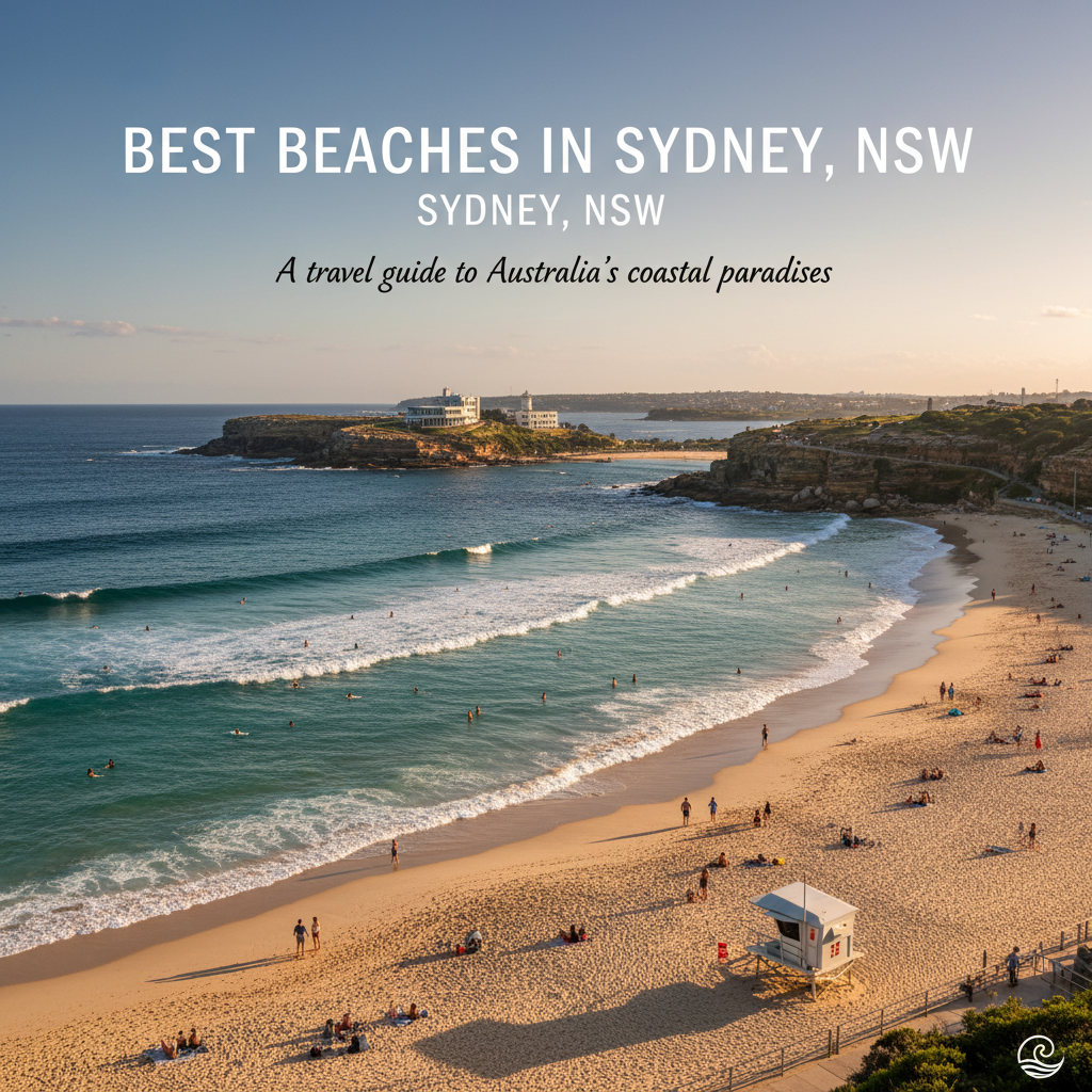 alt_text: Panoramic view of Sydney beaches with golden sands, turquoise waves, surfers, and beachgoers.