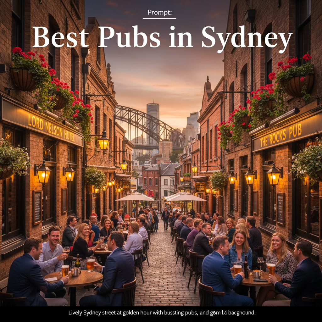 alt_text Lively Sydney street at golden hour with bustling pubs, outdoor drinks, and skyline in the background.