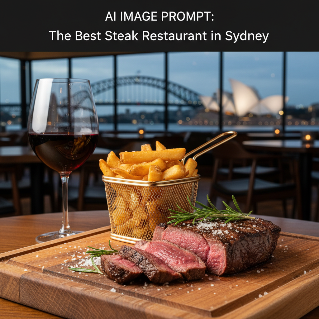 Juicy medium-rare steak, crispy fries, and wine in a stylish Sydney restaurant with city views.