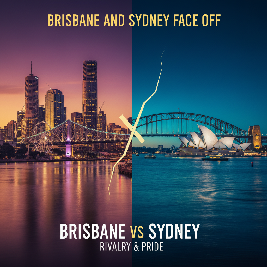 Brisbane and Sydney face off: iconic skylines divided, showcasing vibrant city rivalry and pride.