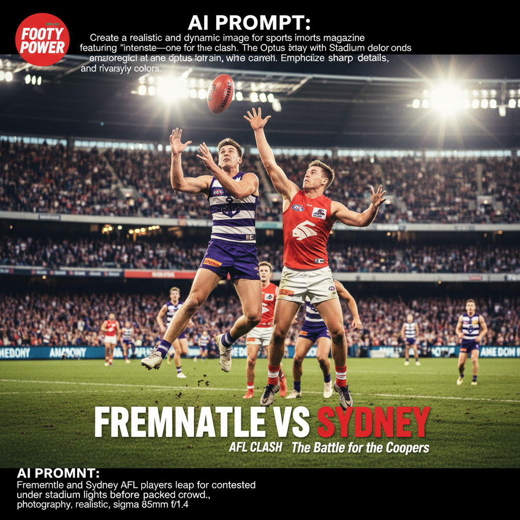 Fremantle and Sydney AFL players leap for a contested mark under stadium lights before a packed crowd.