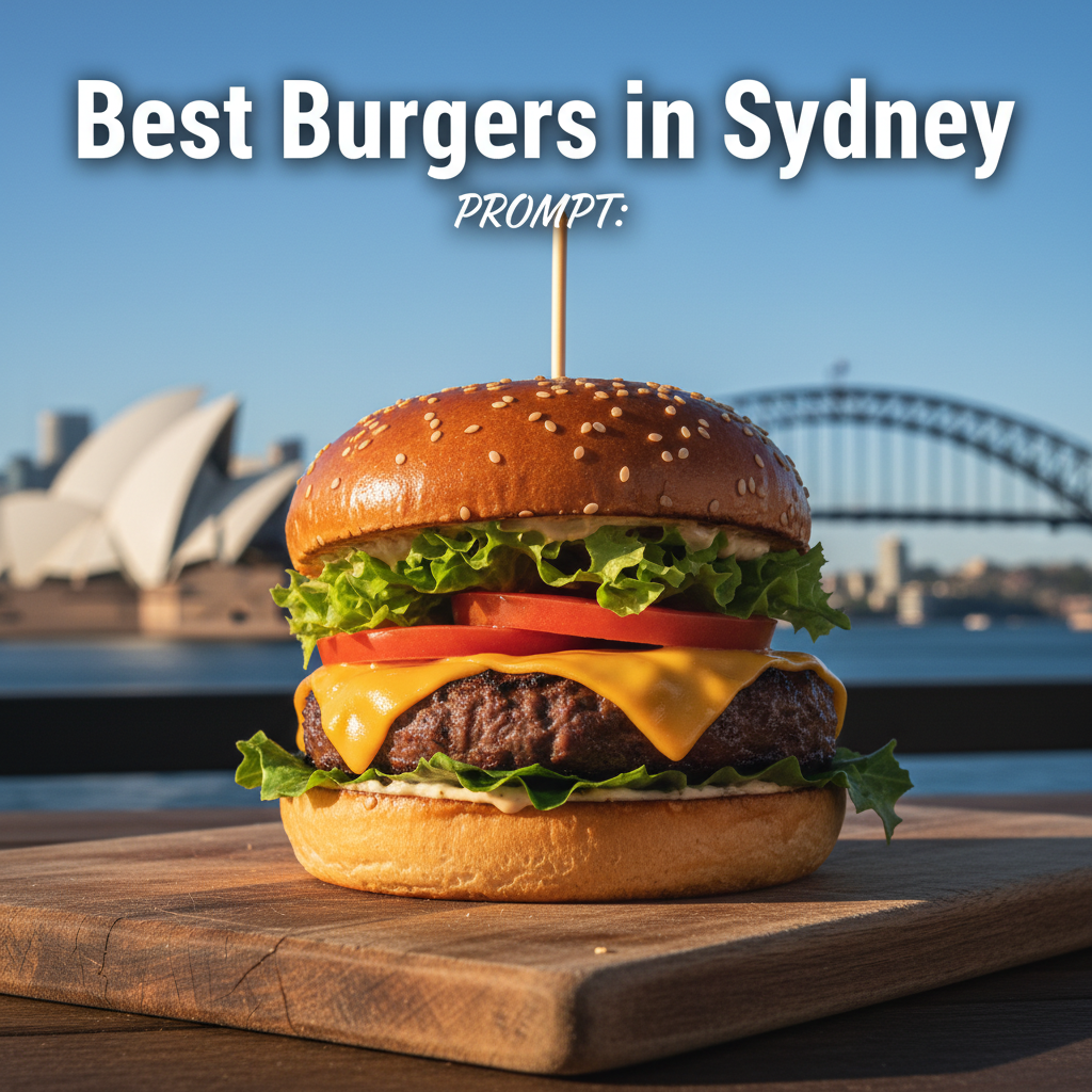 alt_text: Gourmet burger on a wooden board with Sydney cityscape, featuring "Best Burgers in Sydney" text.
