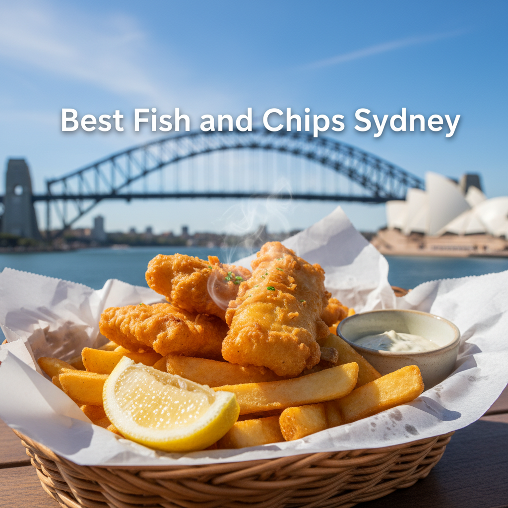 alt_text Golden fish and chips in a basket by the Harbour Bridge with "Best Fish and Chips Sydney" text overlay.