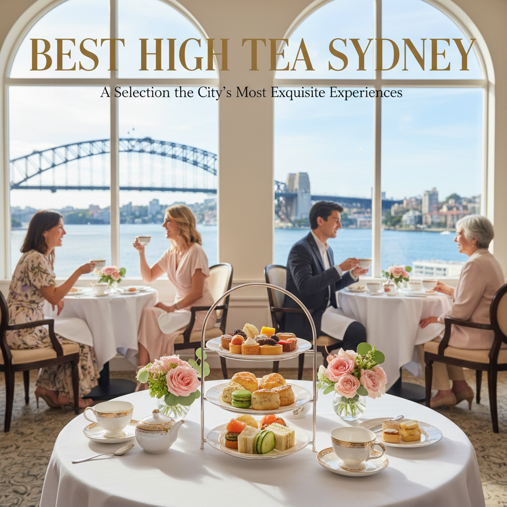 Elegant high tea in Sydney with pastries, tea, chic guests, and Harbour Bridge views in the background.