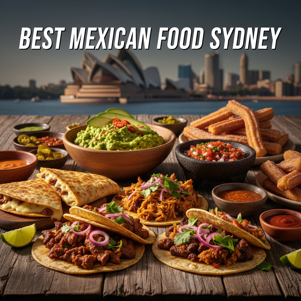 Best Mexican Food Sydney—vibrant Mexican street feast with Sydney skyline and Opera House in the background