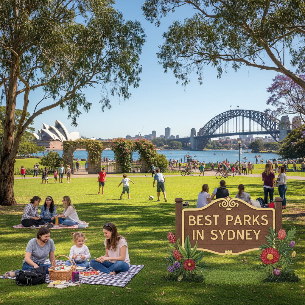 alt_text People enjoying vibrant Sydney parks with greenery, iconic landmarks, and “Best Parks in Sydney” text.