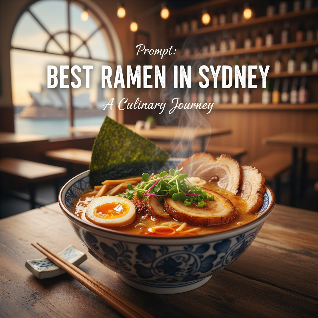 alt_text: A vibrant bowl of ramen in a Sydney shop with city skyline glimpsed through the window.