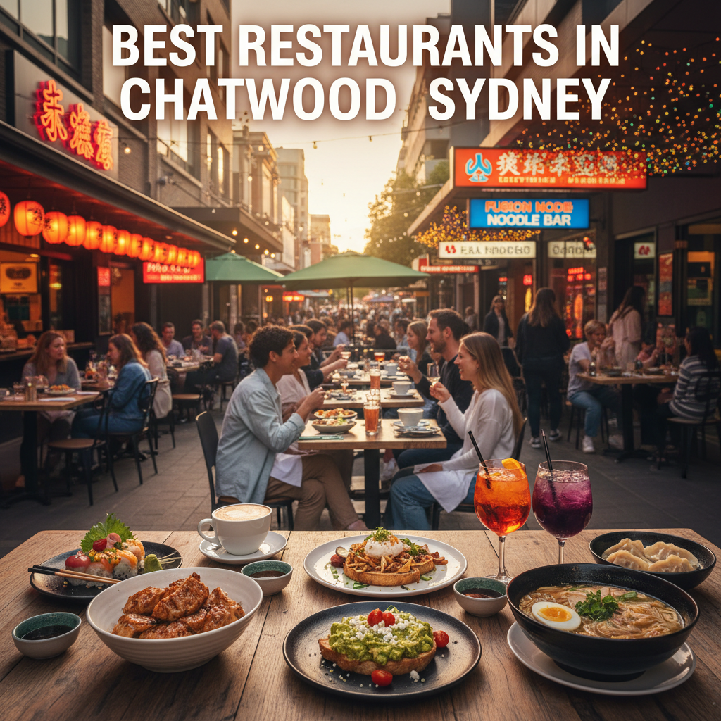 Best Restaurants in Chatswood: diners enjoy al fresco meals, vibrant cuisine, and glowing lanterns.