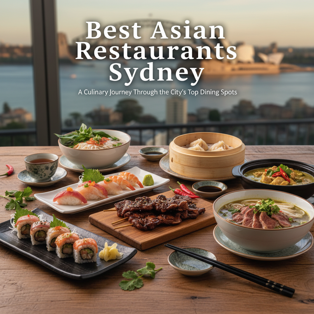 alt_text Mouthwatering Asian dishes on a table with Sydney’s skyline, highlighting top dining spots in the city.