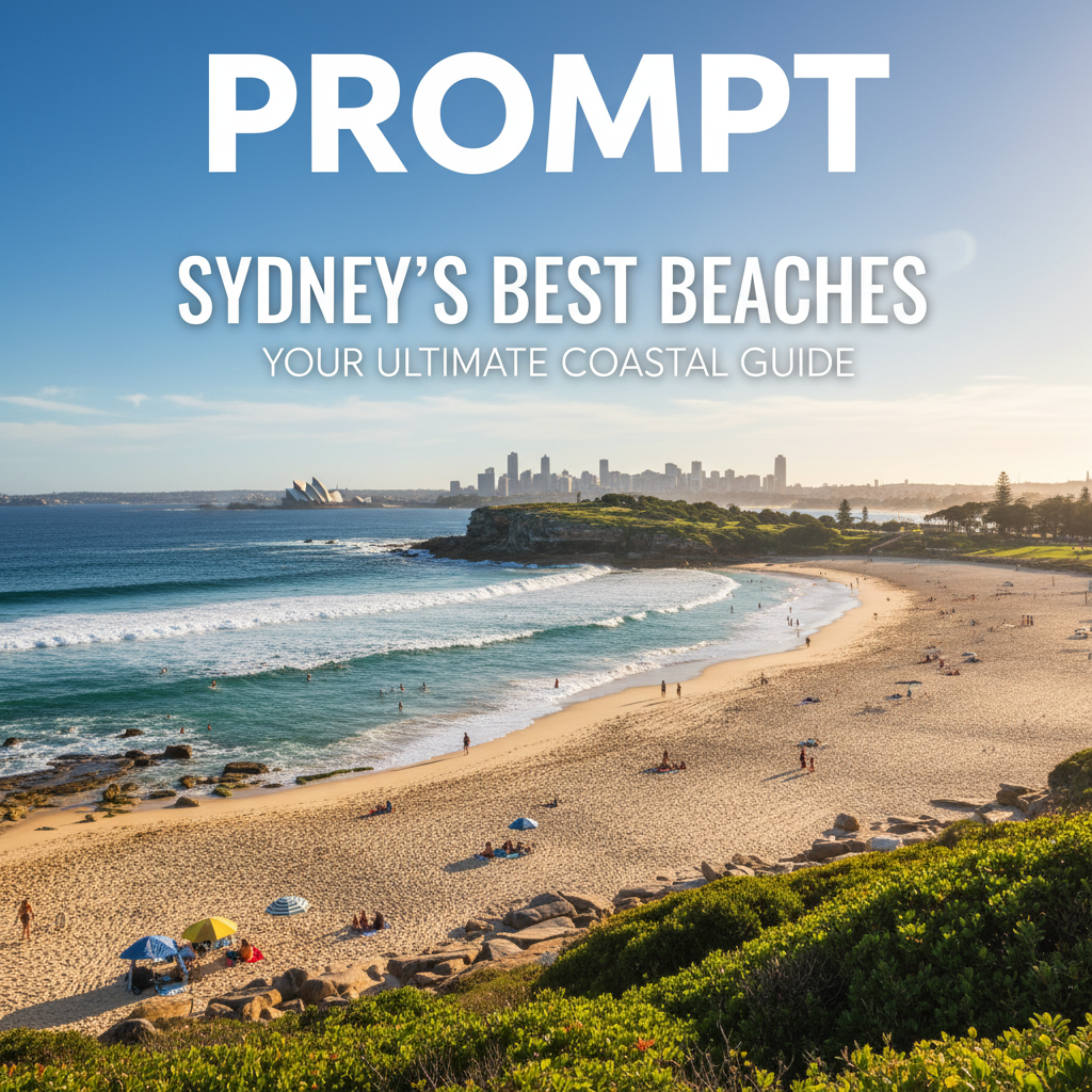 Sydney’s Best Beaches: panoramic coastal scene with surfers, sunbathers, and iconic city views.