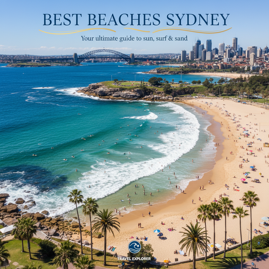 Aerial view of Sydney beaches with surfers, beachgoers, clear water, and skyline for magazine cover