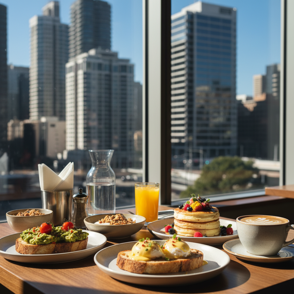 alt_text Sunlit Sydney café table with gourmet breakfast dishes, artisan coffee, and cityscape window view.