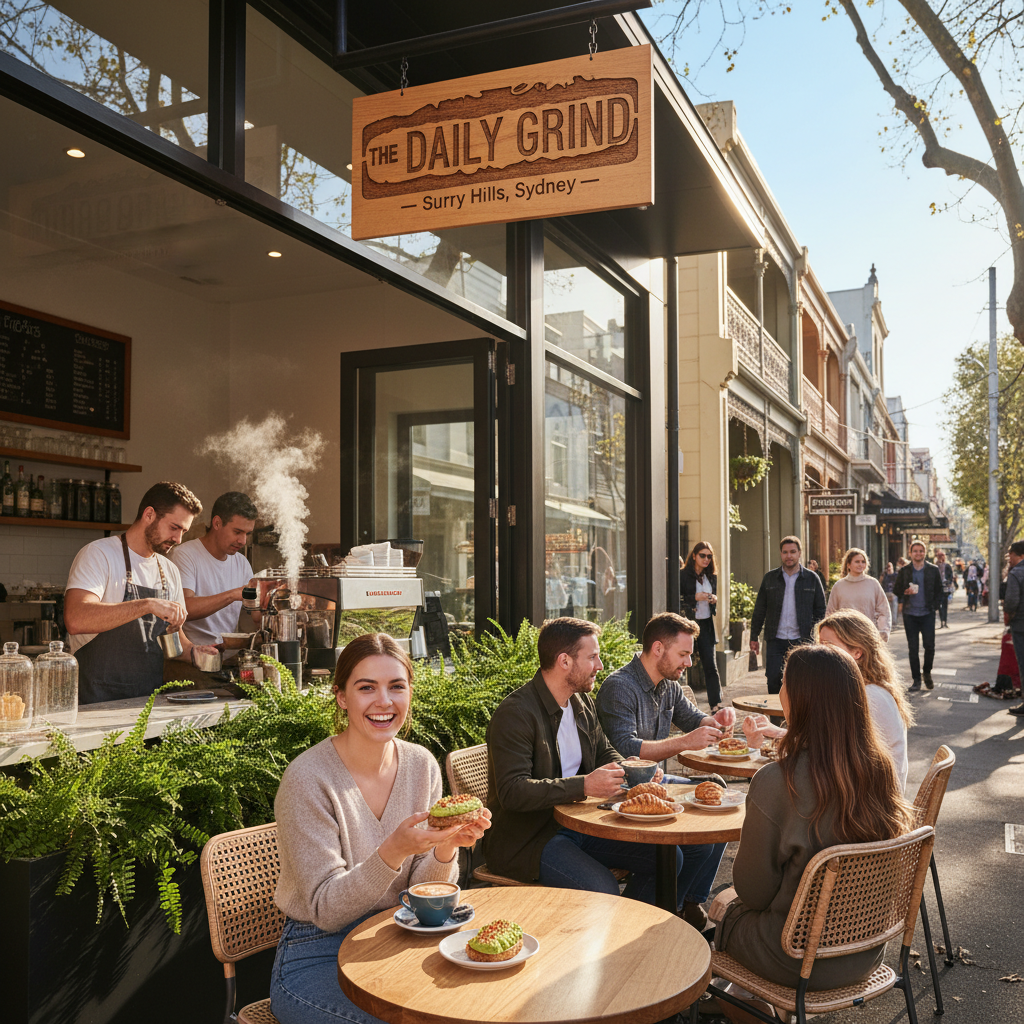 Lively Surry Hills cafe with outdoor seating, artisan coffee, and urban Sydney vibes on a sunny morning.