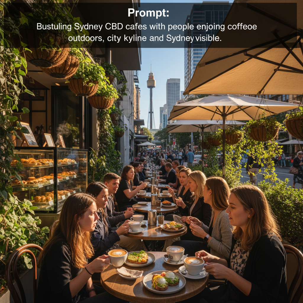 alt_text: Bustling Sydney CBD cafes with people enjoying coffee outdoors, city skyline and Sydney Tower visible.