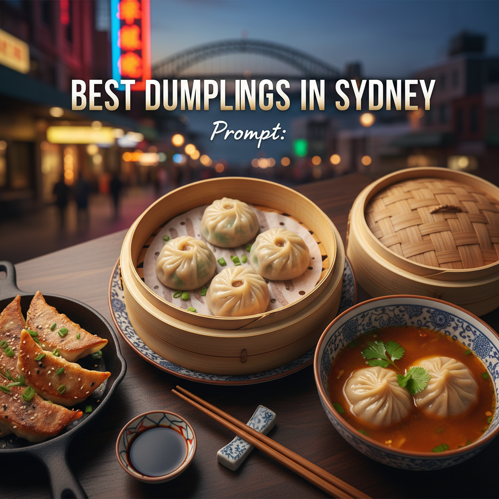 A tempting spread of Sydney’s best dumplings with city vibes, neon lights, and elegant plating.