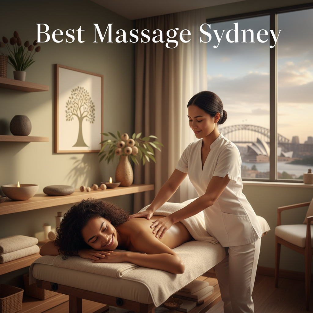 Therapist giving relaxing massage in upscale Sydney spa with serene decor, happy client, and city view.