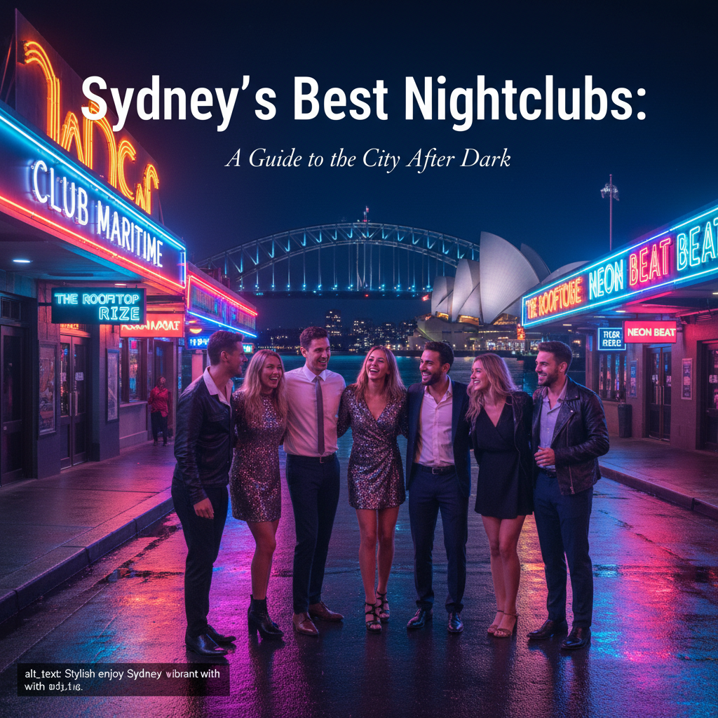alt_text Stylish youth enjoy Sydney’s vibrant nightlife with neon-lit clubs, Opera House, and Harbour Bridge.