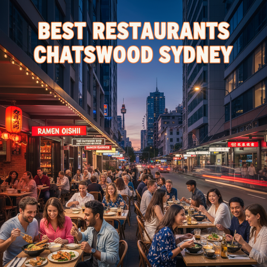 Bustling Chatswood street with diverse diners, vibrant eateries, Asian cuisine, and city evening lights.