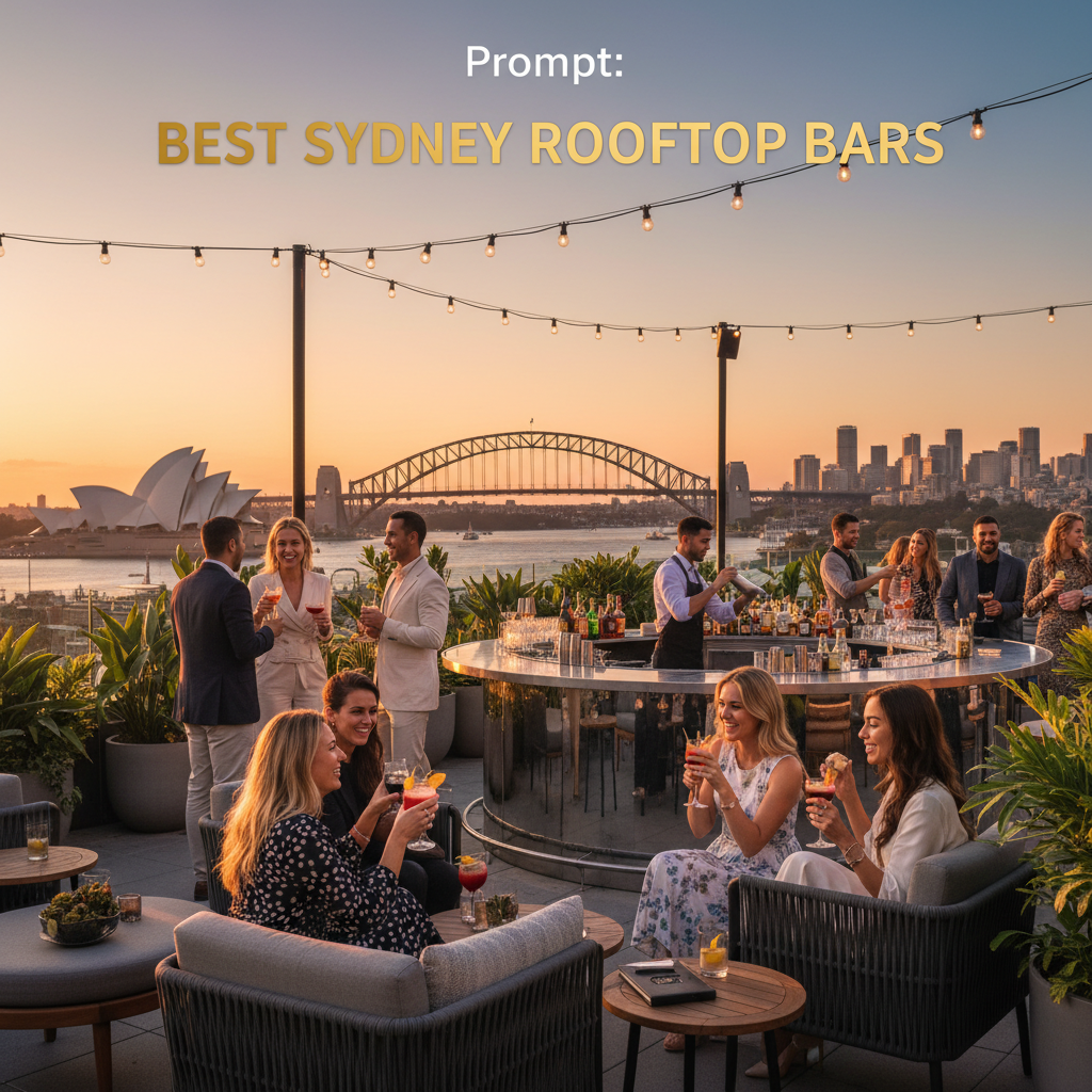 Stylish crowd enjoys sunset cocktails at a chic Sydney rooftop bar with Opera House and skyline views.