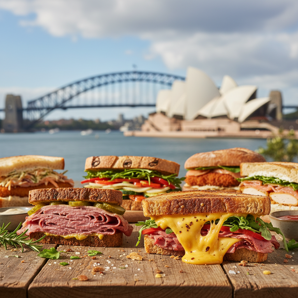 A mouthwatering assortment of gourmet sandwiches on a rustic table with a Sydney city backdrop.