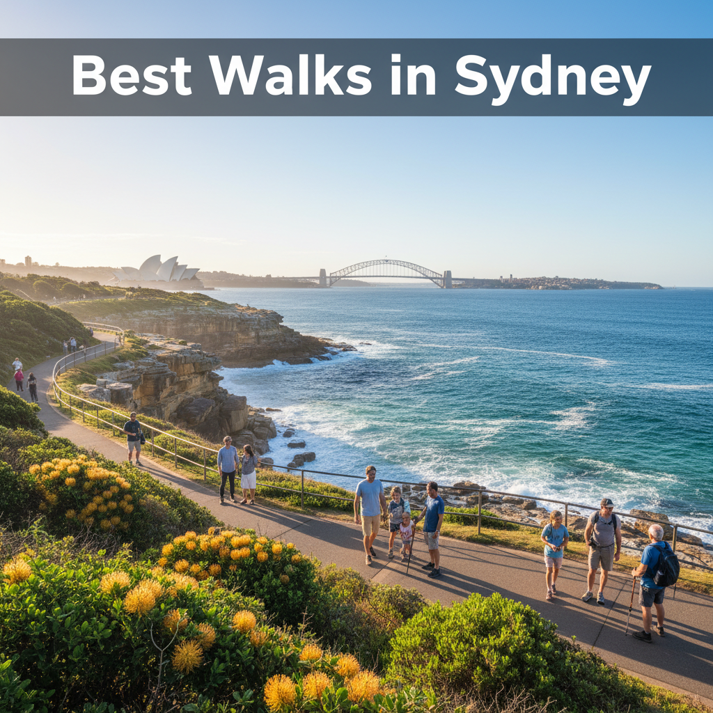 Panoramic view of Sydney’s coastal walkways with ocean, cliffs, Opera House, and happy walkers.