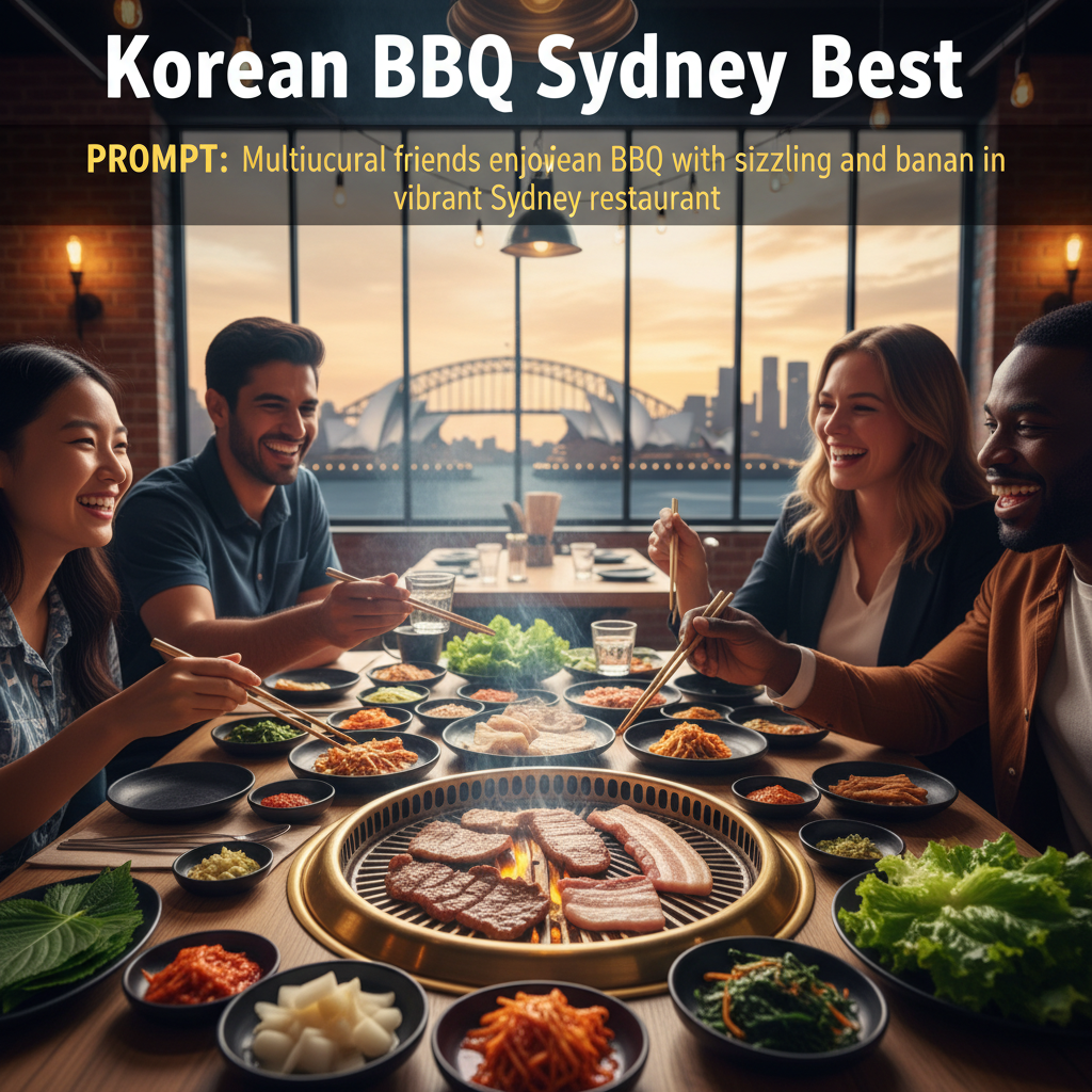 Multicultural friends enjoy Korean BBQ with sizzling meats and banchan in vibrant Sydney restaurant.