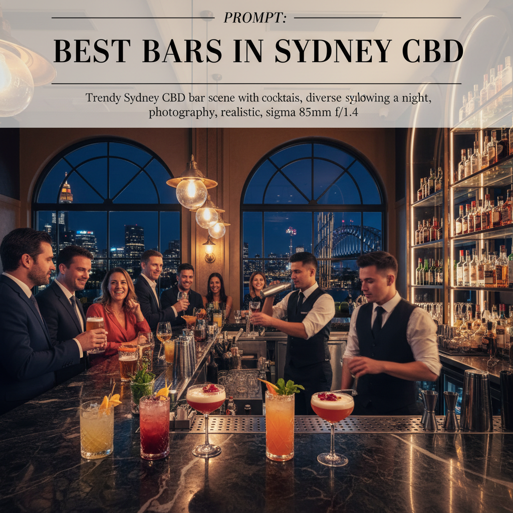 alt_text Trendy Sydney CBD bar scene with cocktails, diverse patrons, and city skyline glowing at night.