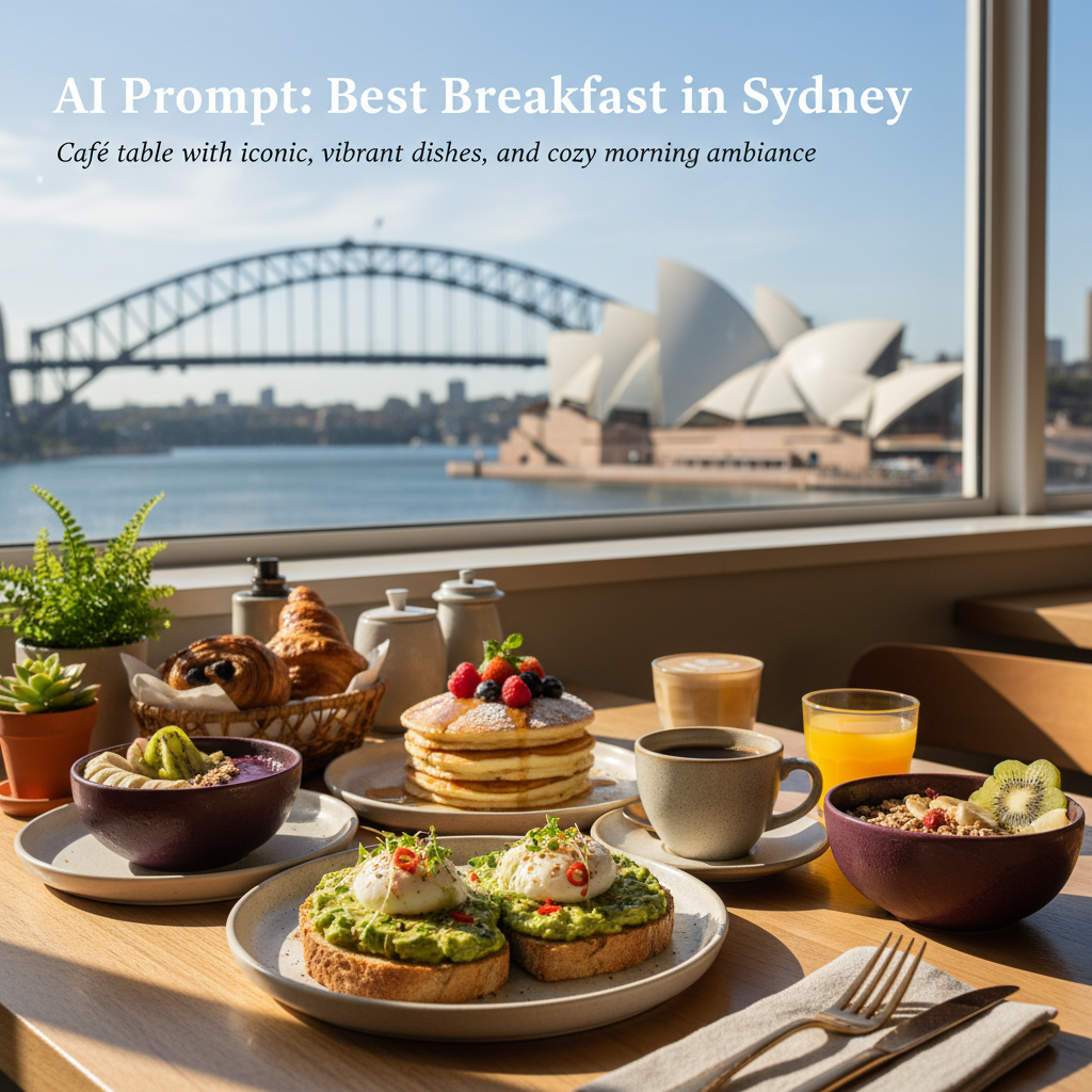 Best Breakfast in Sydney: Café table with iconic view, vibrant dishes, and cozy morning ambiance.