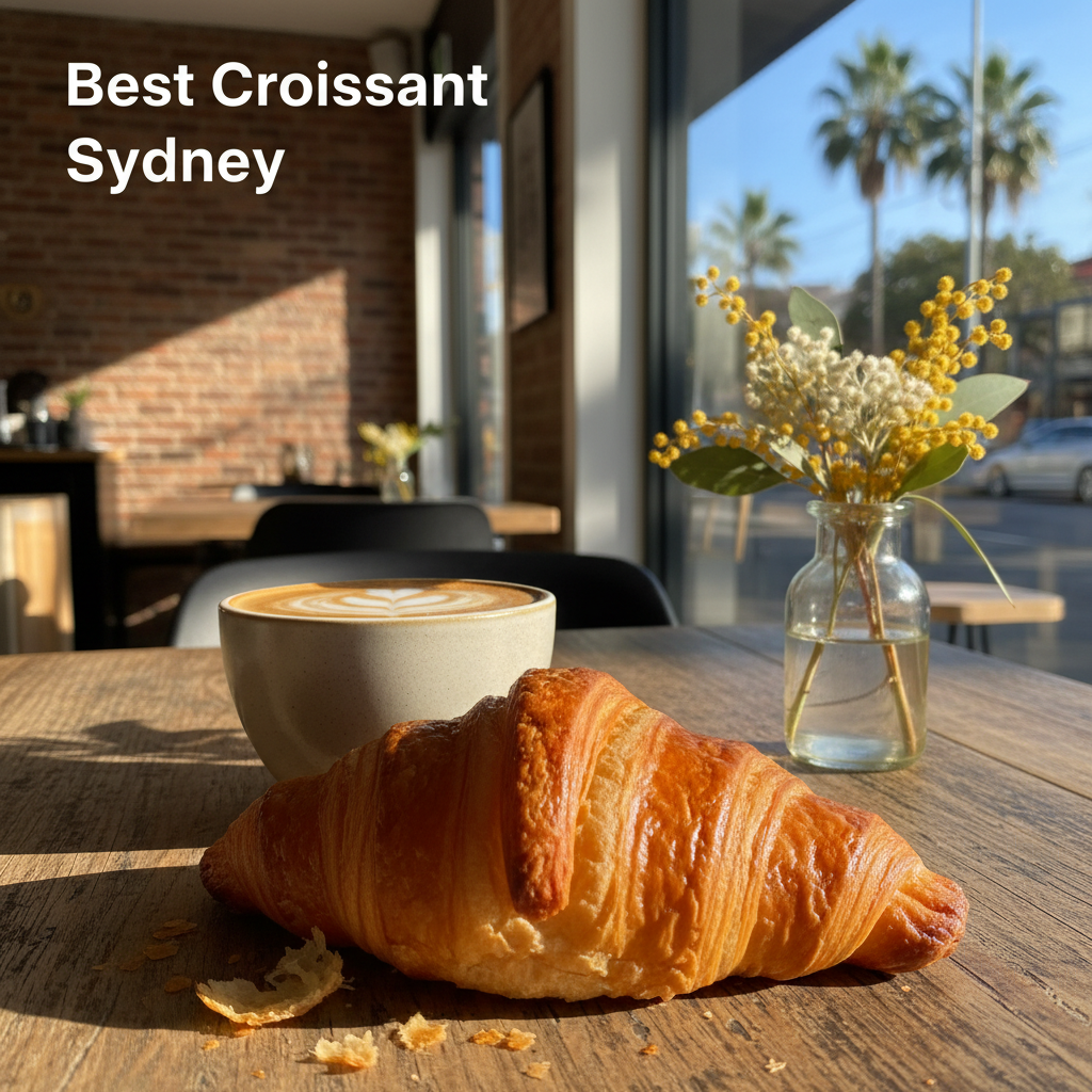 Best Croissant Sydney: Flaky croissant and flat white on a sunny café table in a cozy Sydney setting.