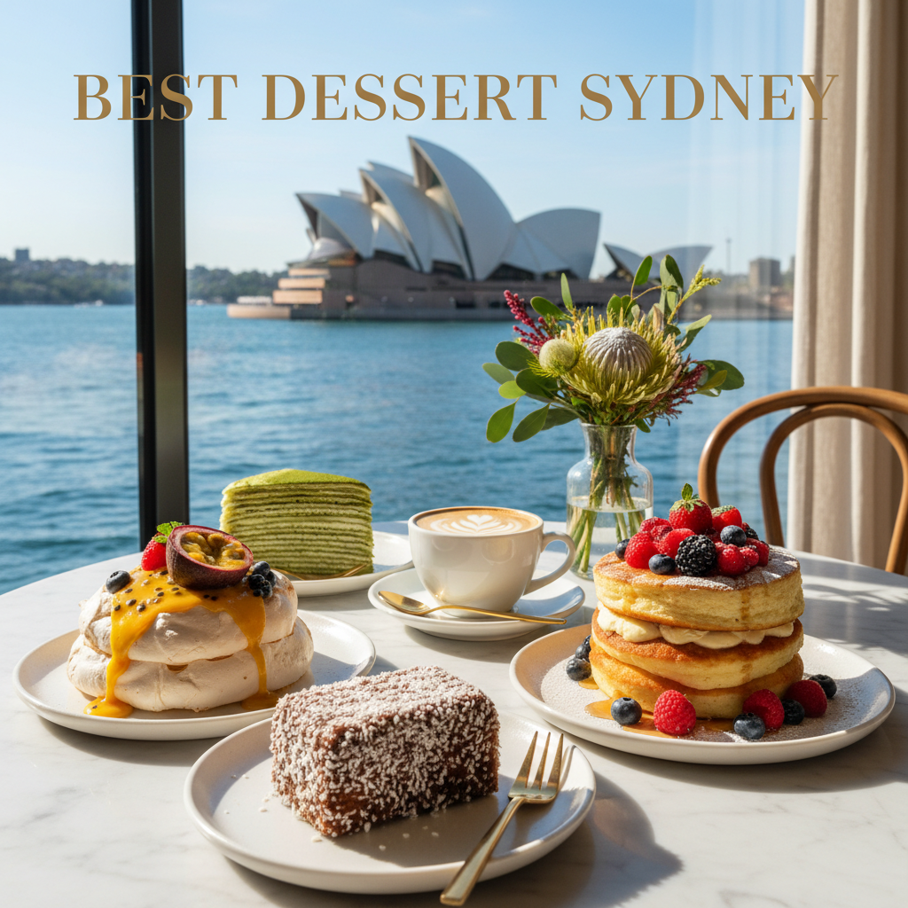 Sydney café scene with Opera House view, featuring top desserts: pavlova, lamington, hotcake, crepe.