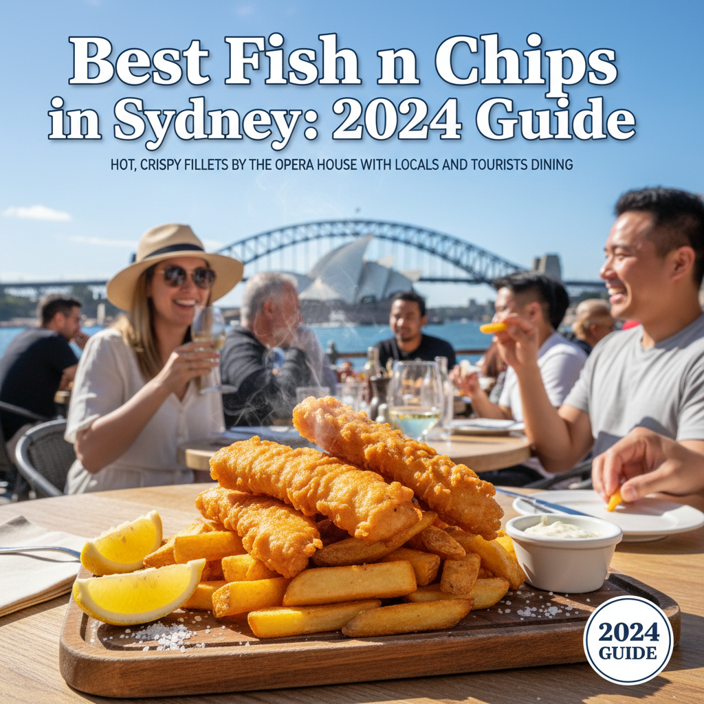 alt_text Best Fish n Chips in Sydney: Hot, crispy fillets by the Opera House with locals and tourists dining.