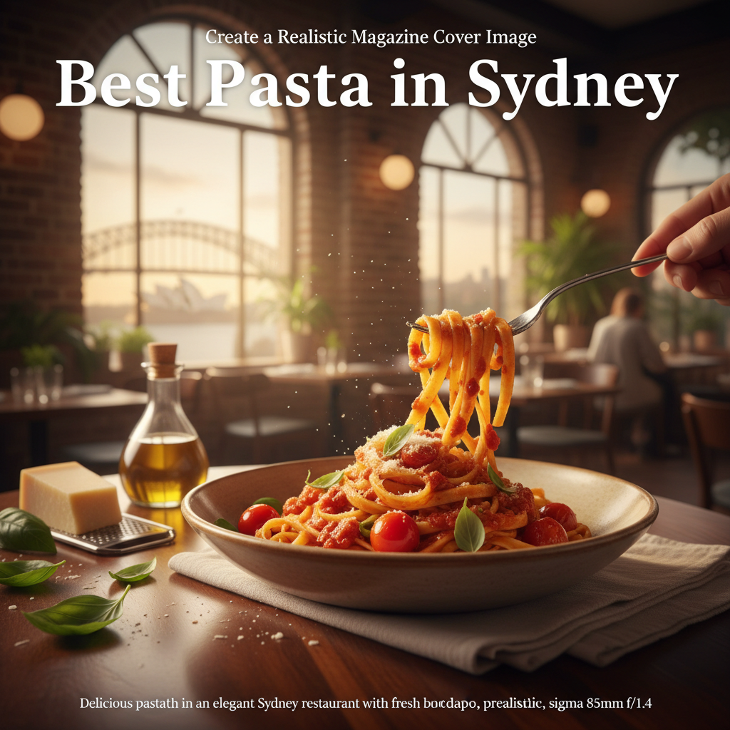 alt_text Delicious pasta dish in an elegant Sydney restaurant with fresh ingredients and city skyline backdrop.